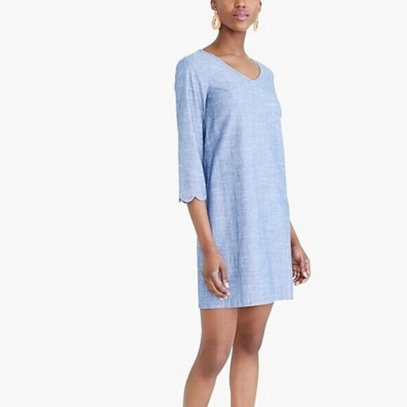 J. by J. Crew Chambray Shift Dress Scalloped Sleeves Blue Preppy Back Zipper 0 - Picture 1 of 10
